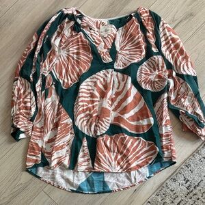 Umgee Leaf Print Blouse in Teal and Rust